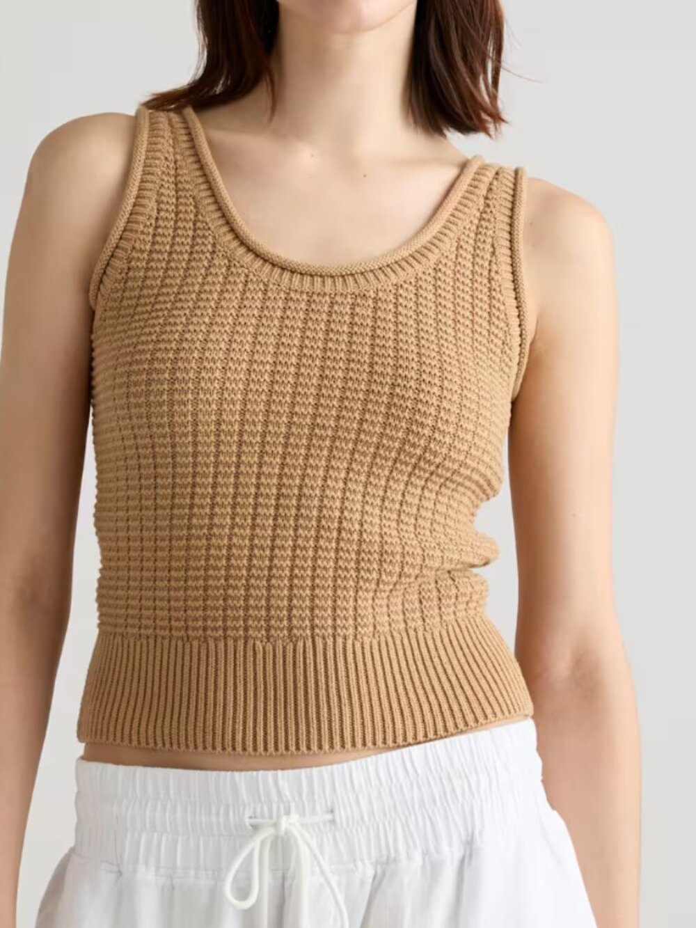 Quince Camel Brown Waffle Knit Scoop Neck Cropped Sweater Tank Size L - Picture 2 of 6